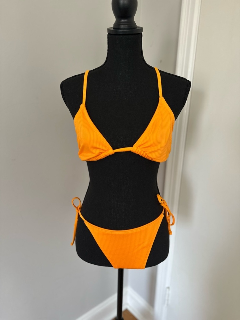 Orange Ribbed Triangle Bikini Set - Women Swim